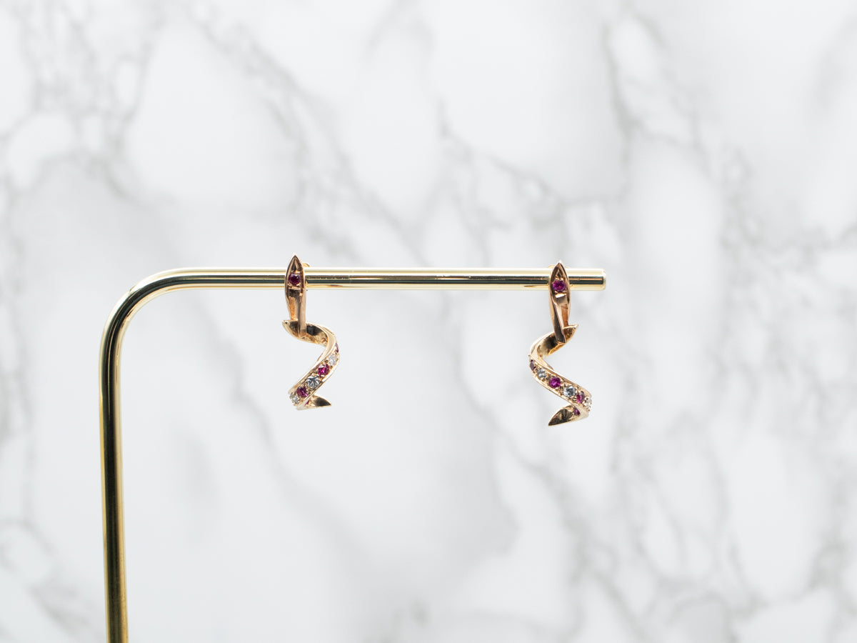 Diamond and Synthetic Ruby Swirl Earrings