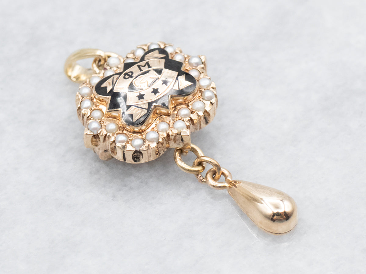 アクセサリー mire 1960s Phi Mu Sorority Seed Pearl and Black Enamel Lavalier Pendant or