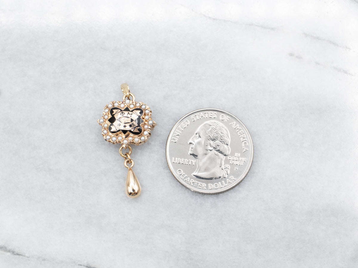 アクセサリー mire 1960s Phi Mu Sorority Seed Pearl and Black Enamel Lavalier Pendant or