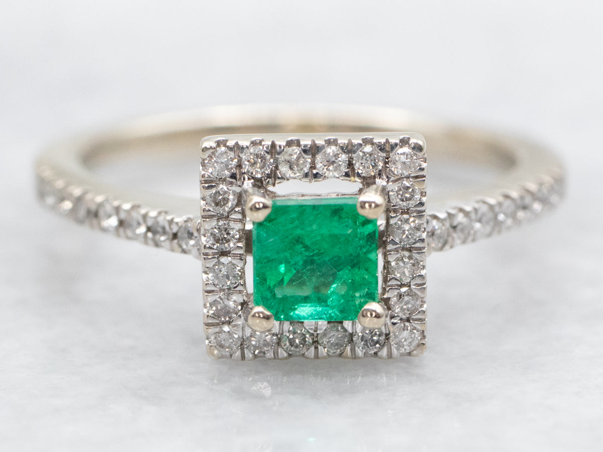 Modern Square Emerald and Diamond Halo Engagement Ring - Market Square ...