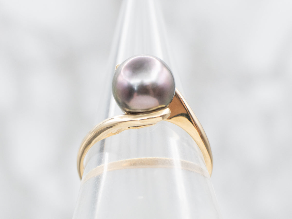 Back Pearl and Gold Bypass Ring