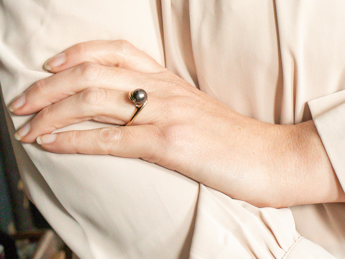 Back Pearl and Gold Bypass Ring