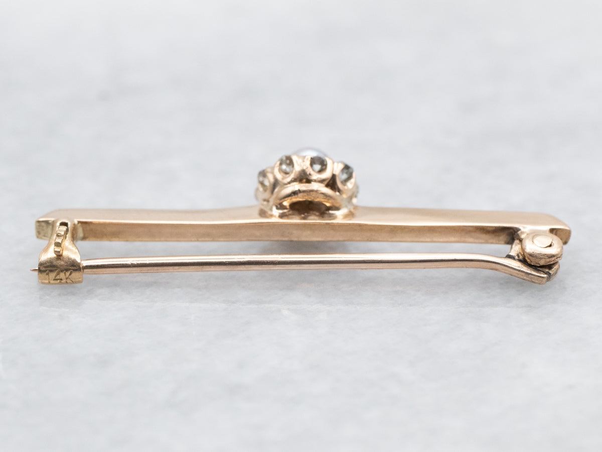 Pearl and Diamond Halo Bar Brooch