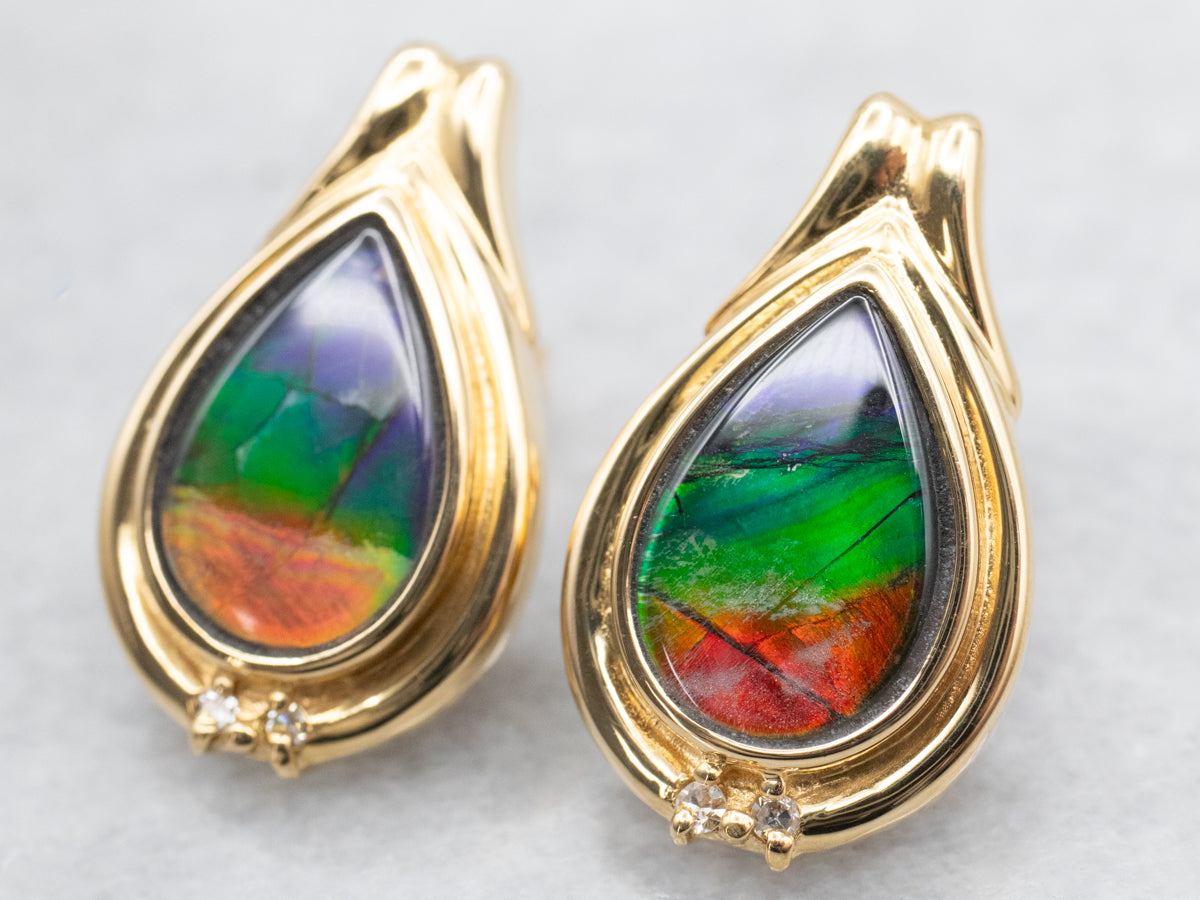 Modern Ammolite and Diamond Gold Stud Earrings