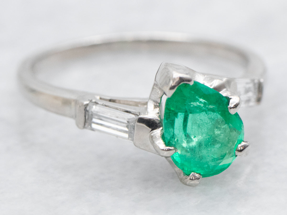 Platinum Emerald and Diamond Bypass Engagement Ring