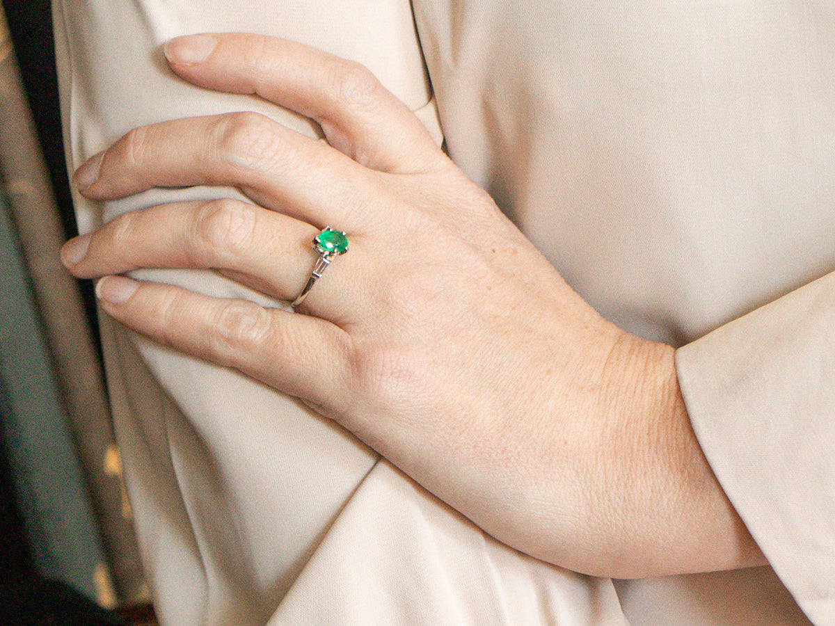 Platinum Emerald and Diamond Bypass Engagement Ring