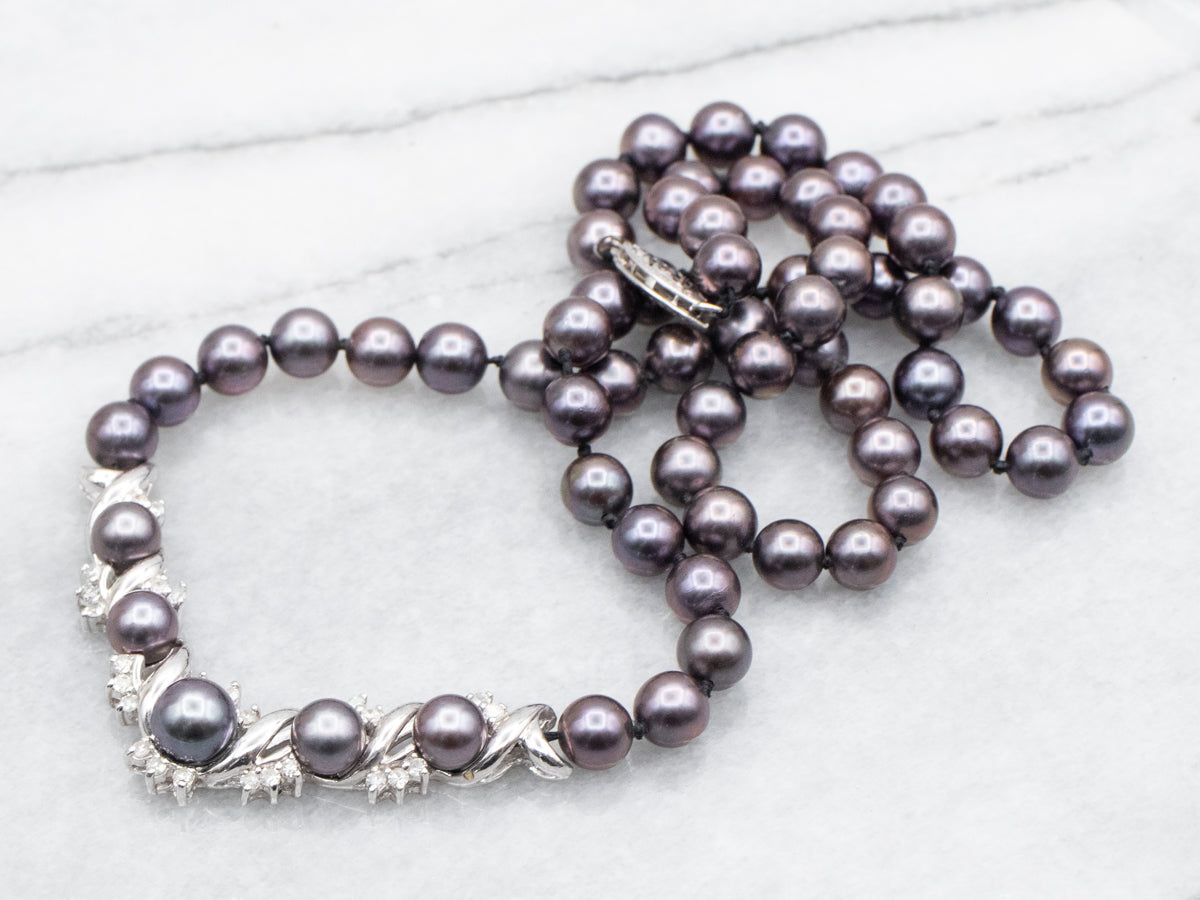 Dyed Black Pearl and Diamond Beaded Necklace