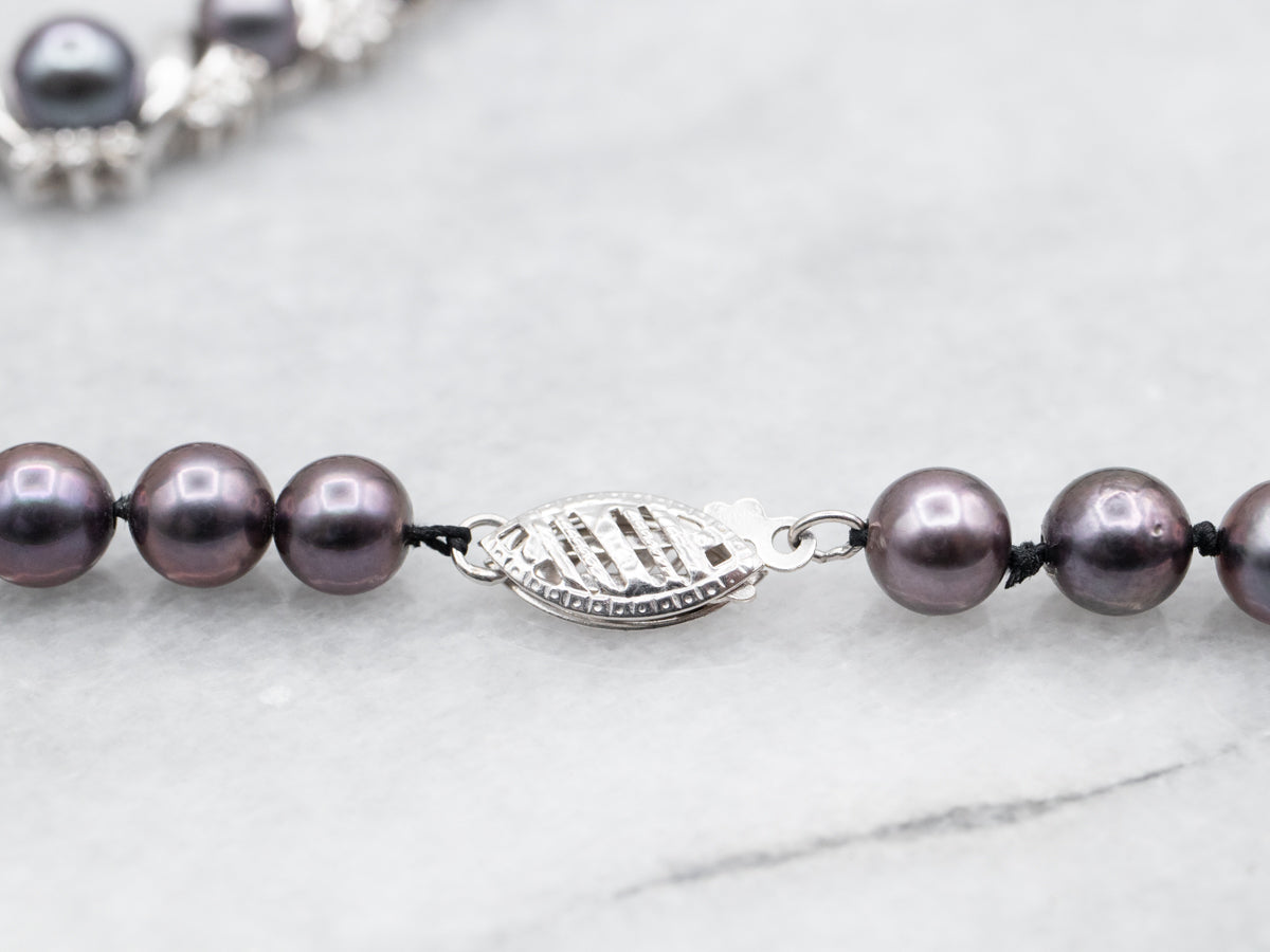 Dyed Black Pearl and Diamond Beaded Necklace