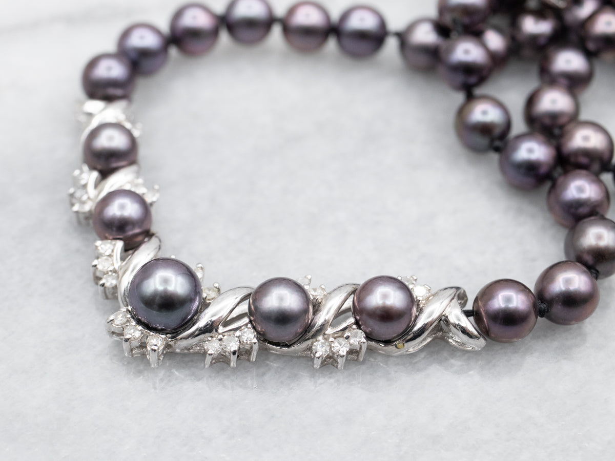 Dyed Black Pearl and Diamond Beaded Necklace