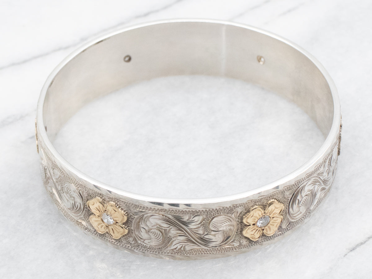Mixed Metal Floral Diamond Bangle Bracelet