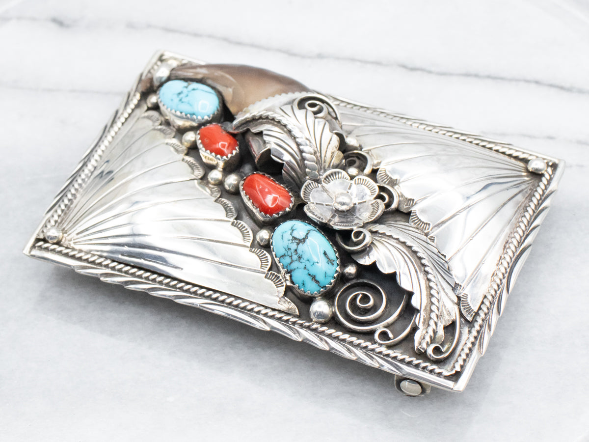 Native American Faux Bear Claw Turquoise and Coral Belt Buckle