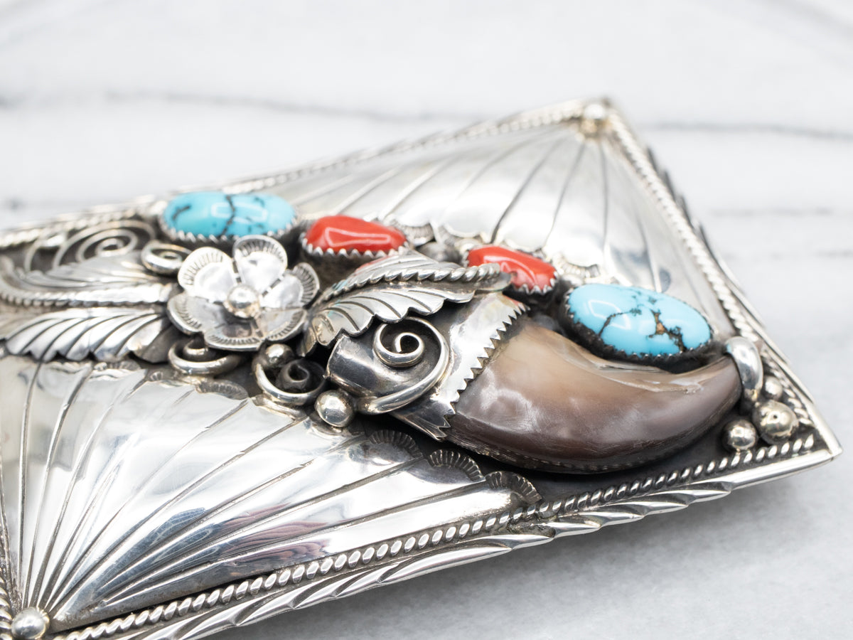 Native American Faux Bear Claw Turquoise and Coral Belt Buckle
