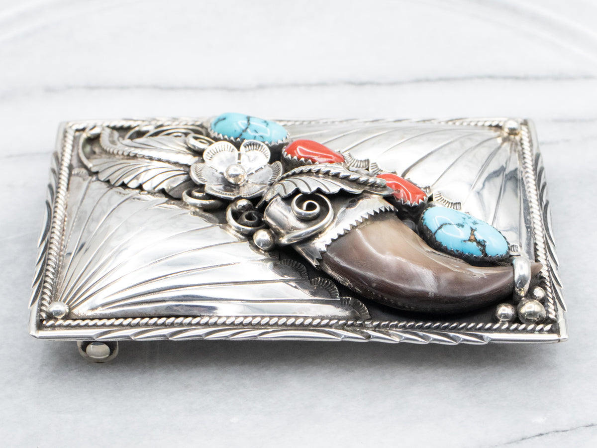 Native American Faux Bear Claw Turquoise and Coral Belt Buckle