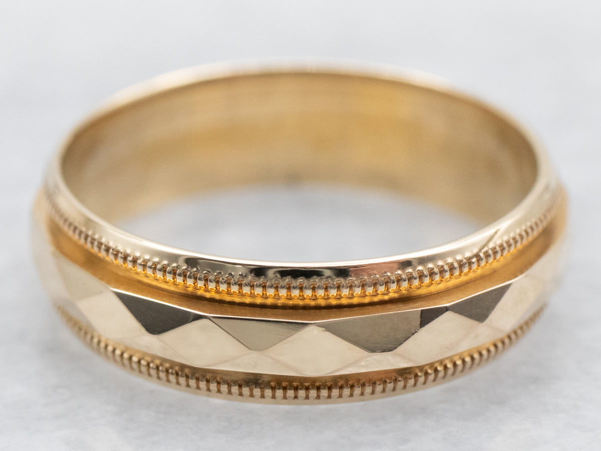Yellow Gold Wedding Band with Faceted Center and Milgrain Edge