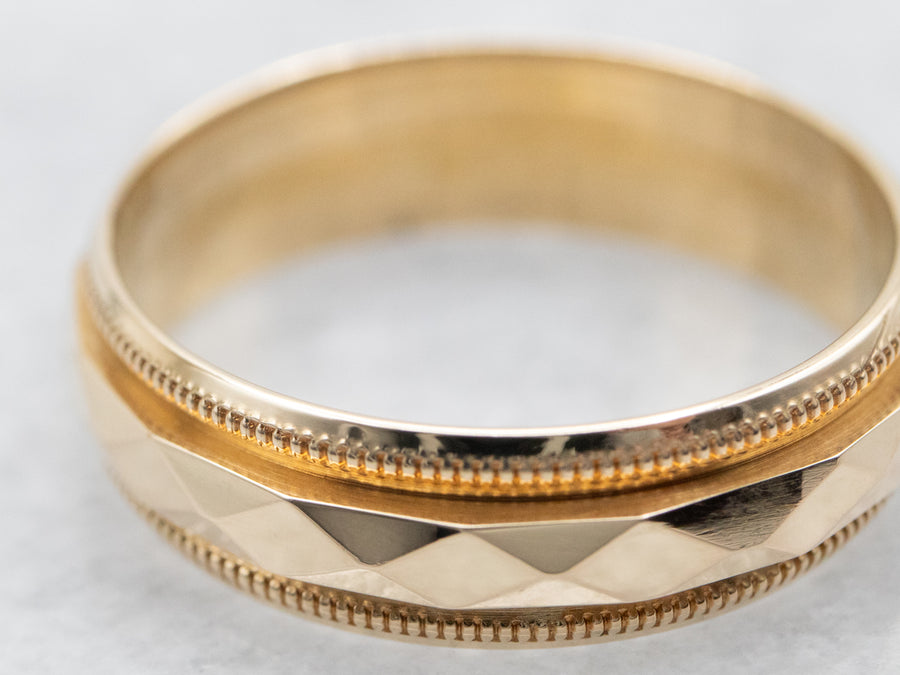 Yellow Gold Wedding Band with Faceted Center and Milgrain Edge