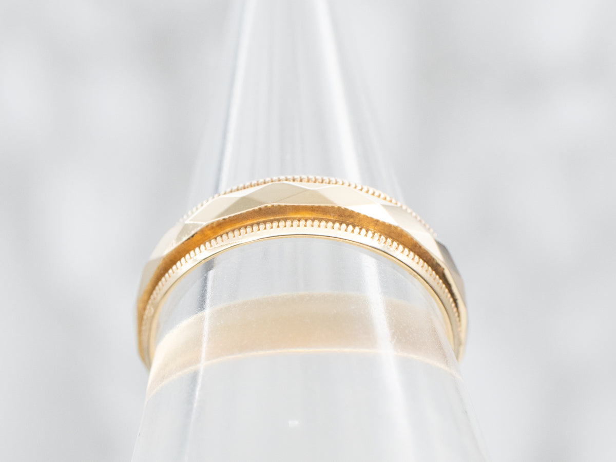 Yellow Gold Wedding Band with Faceted Center and Milgrain Edge