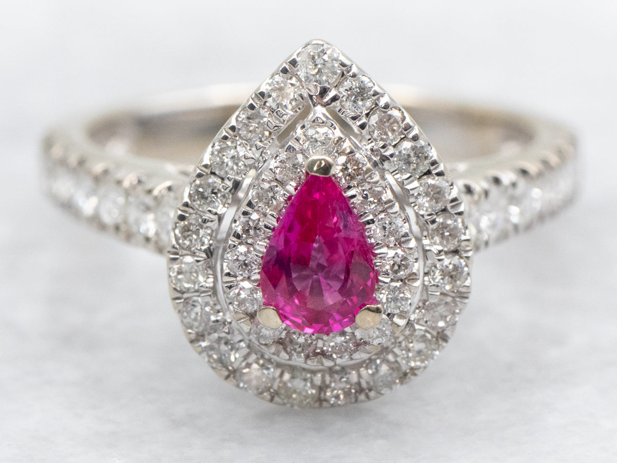 Modern Pink Sapphire Ring with Double Diamond Halo