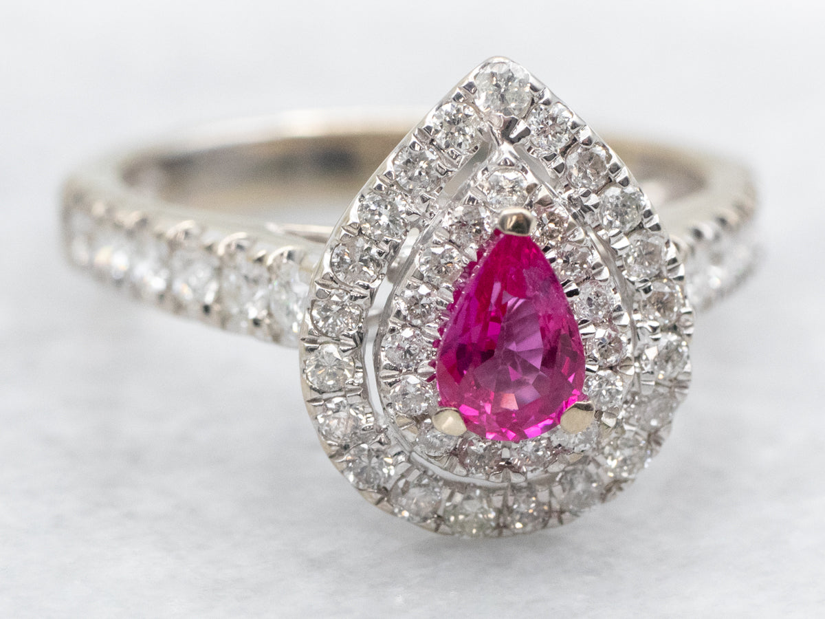 Modern Pink Sapphire Ring with Double Diamond Halo