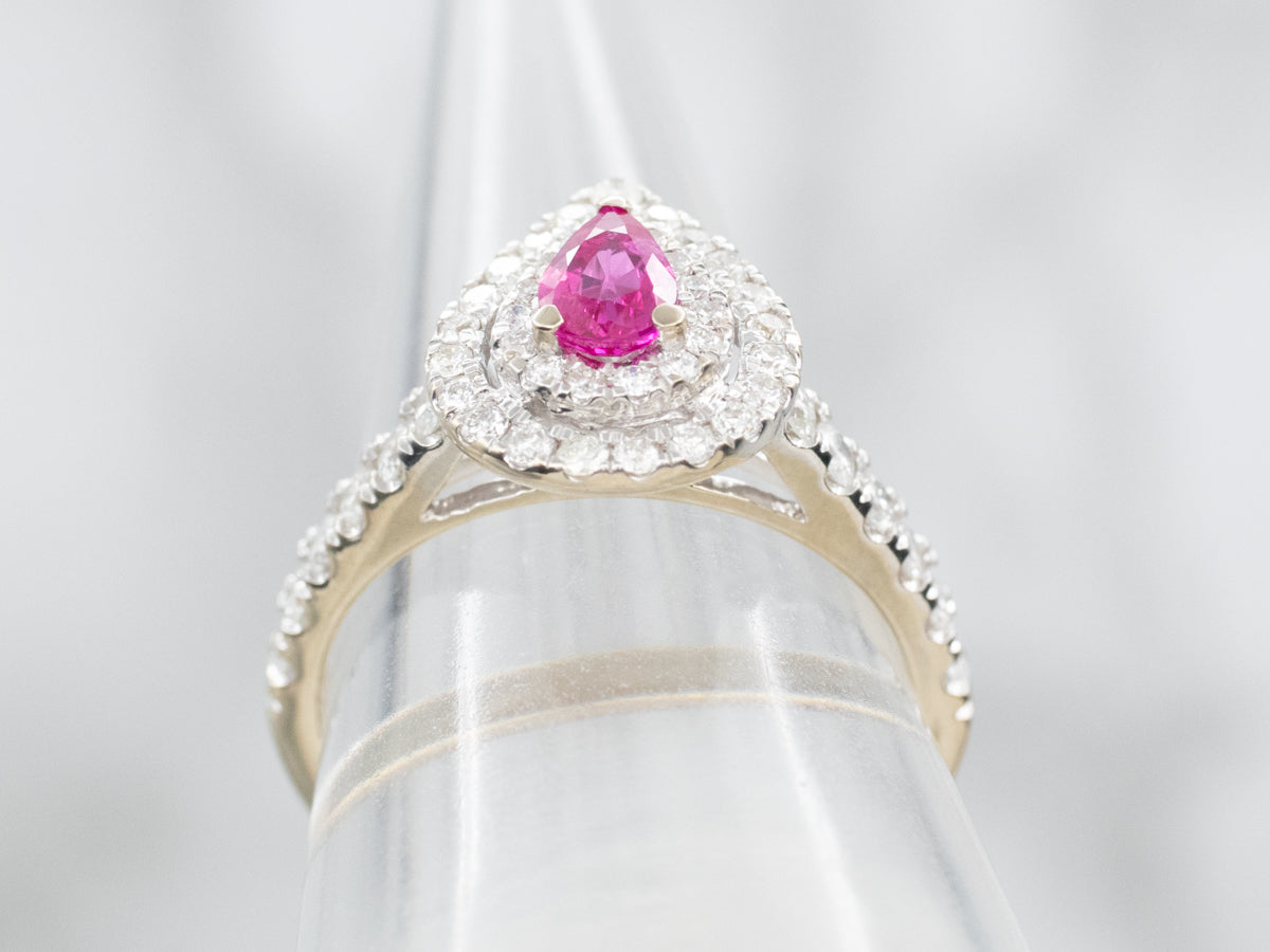 Modern Pink Sapphire Ring with Double Diamond Halo