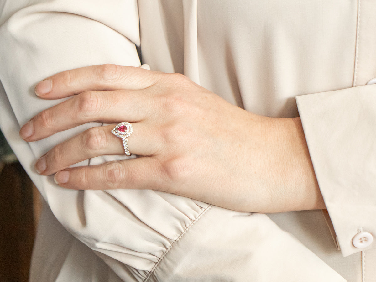 Modern Pink Sapphire Ring with Double Diamond Halo