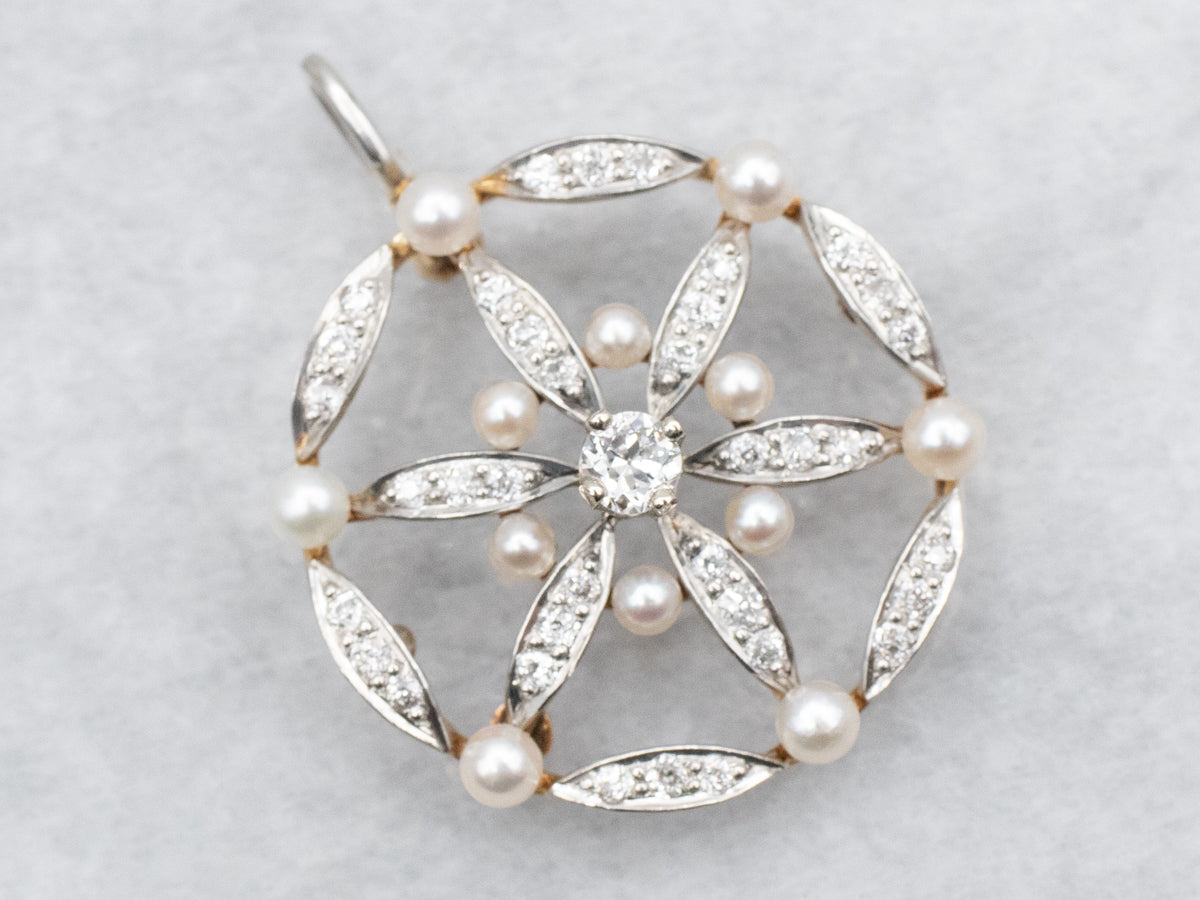 Two Tone Diamond and Pearl Pendant