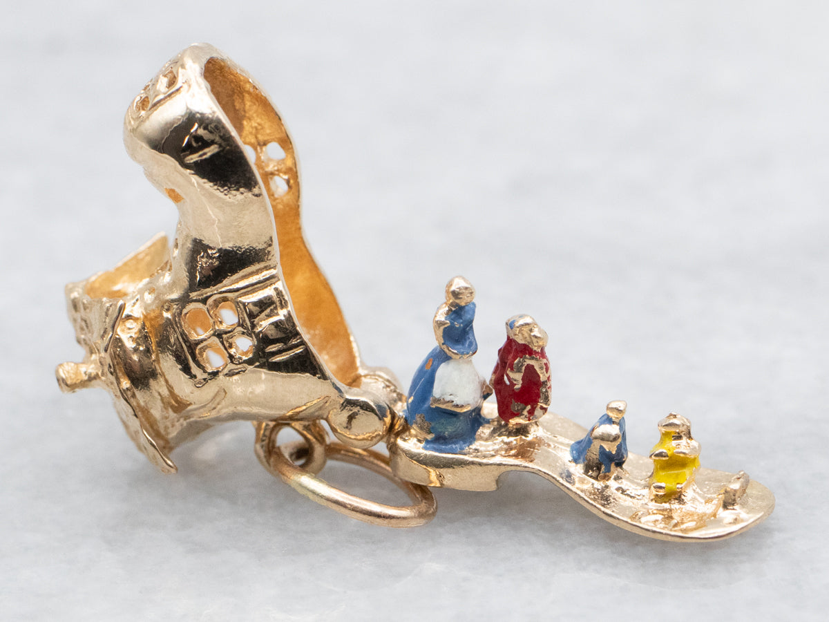 Gold and Enamel Shoe Charm with Family Inside