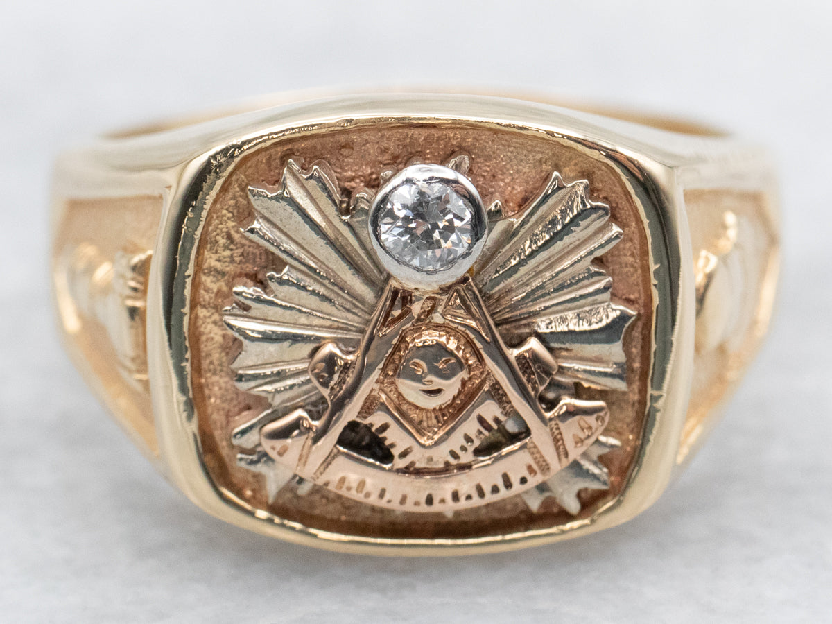 Masonic Rings Pattern Men's Vintage Gold and Diamond Masonic Ring - Market Square Jewelers