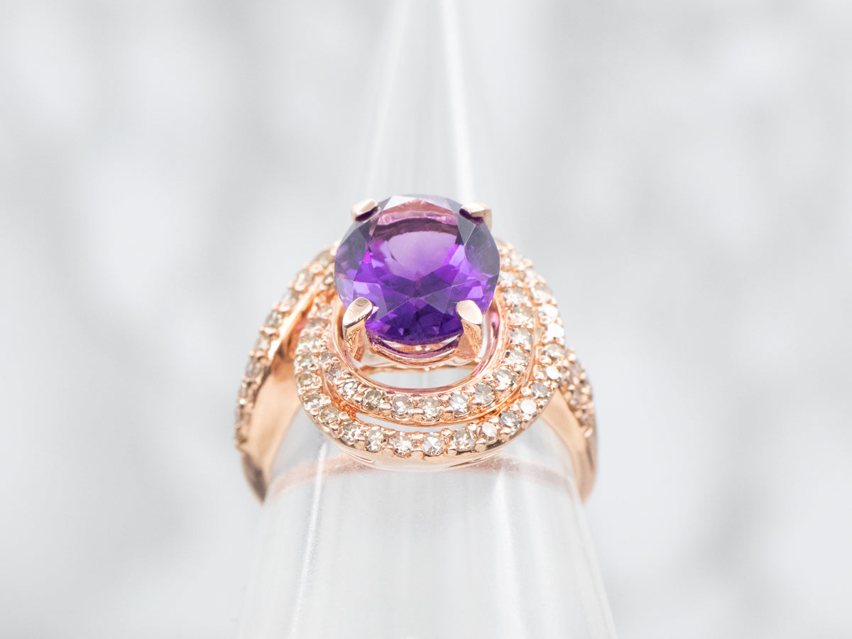 Swirling Rose Gold Amethyst Halo Ring