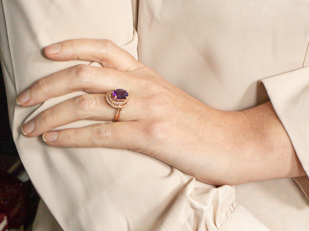 Swirling Rose Gold Amethyst Halo Ring