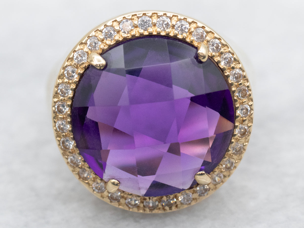 Yellow Gold Amethyst Cocktail Ring with Diamond Halo