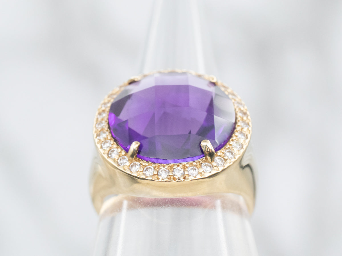 Yellow Gold Amethyst Cocktail Ring with Diamond Halo