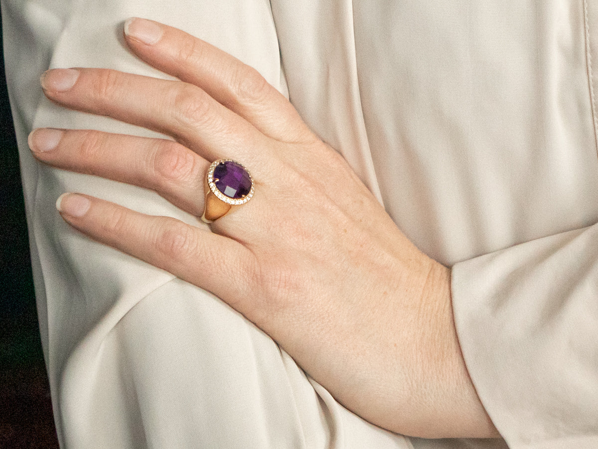 Yellow Gold Amethyst Cocktail Ring with Diamond Halo