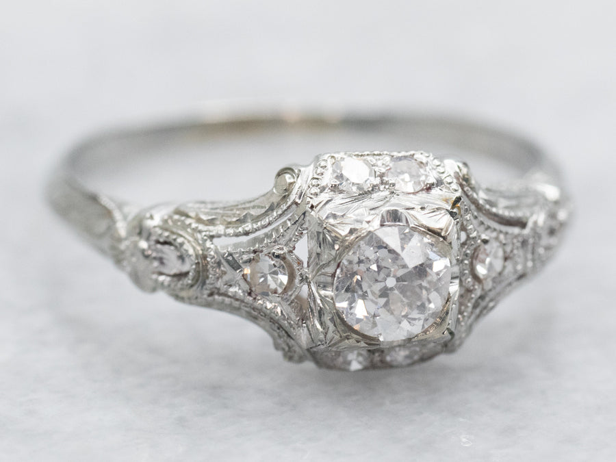 White Gold Old Mine Cut Diamond Engagement Ring with Diamond Accents