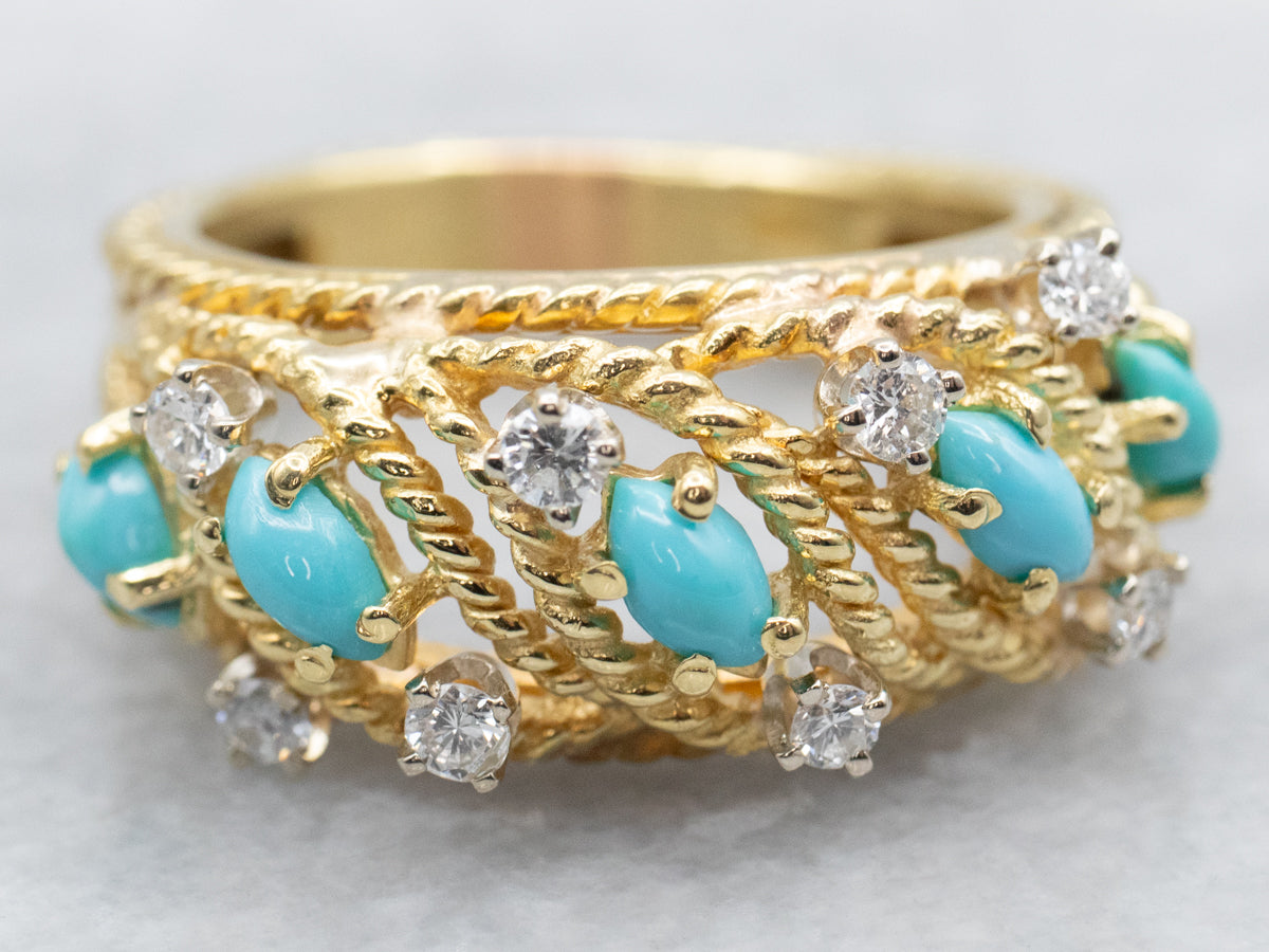 Textured 18-Karat Gold Turquoise and Diamond Ring
