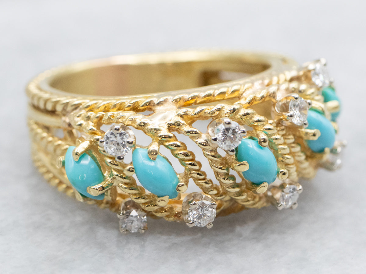 Textured 18-Karat Gold Turquoise and Diamond Ring