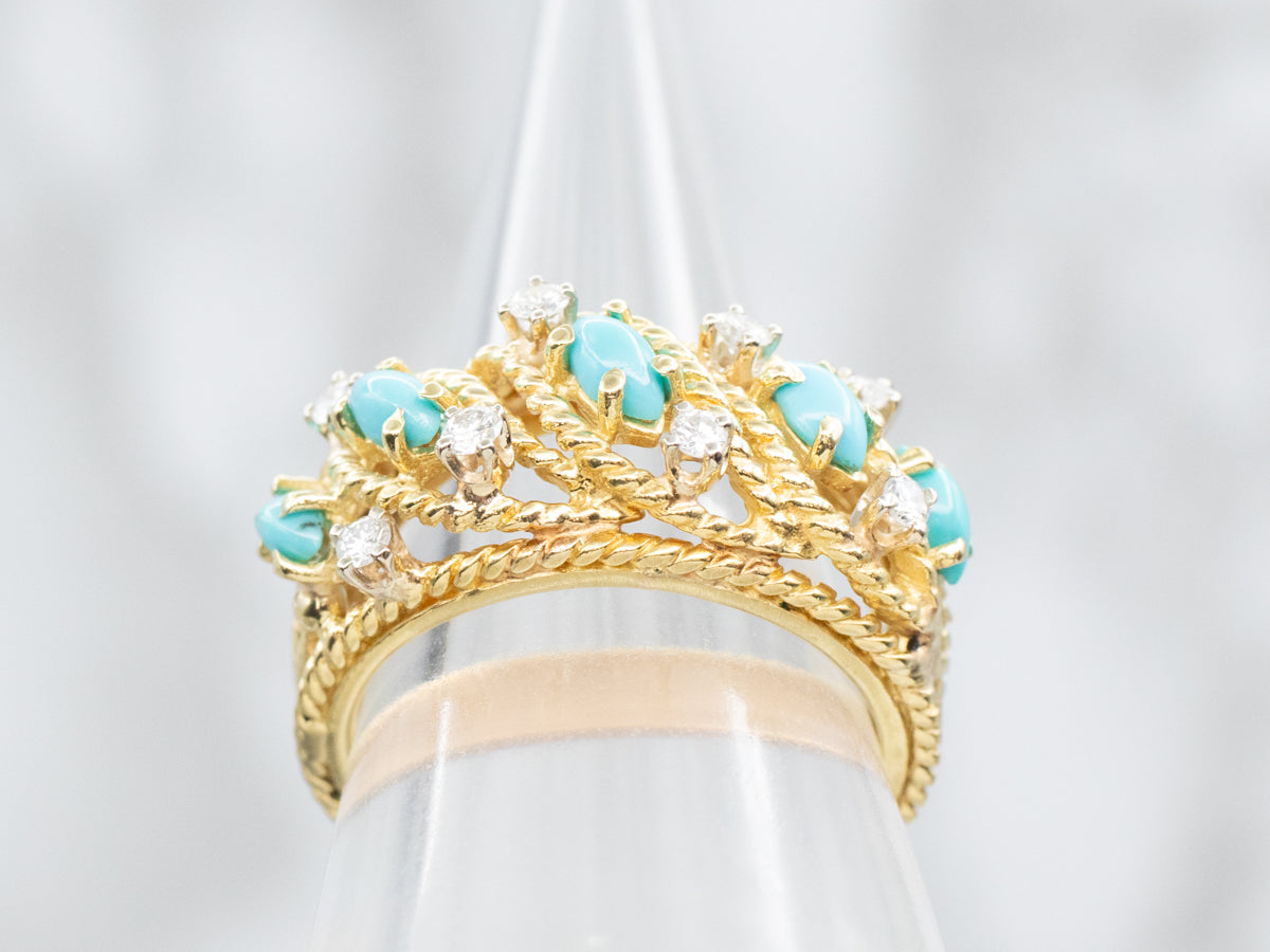 Anillo Oro Amarillo Turquesa y Diamantes
