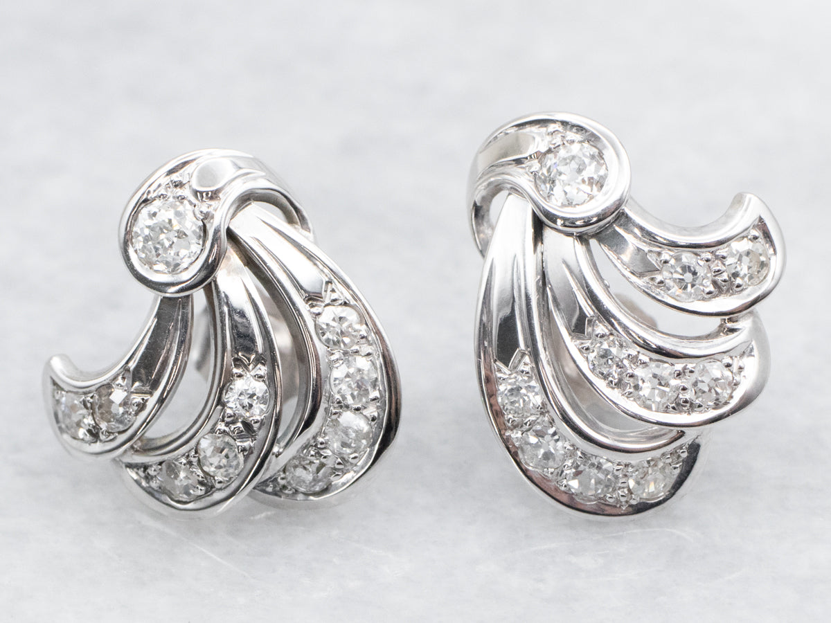 White Gold Old Mine Cut Diamond Flourish Stud Earrings