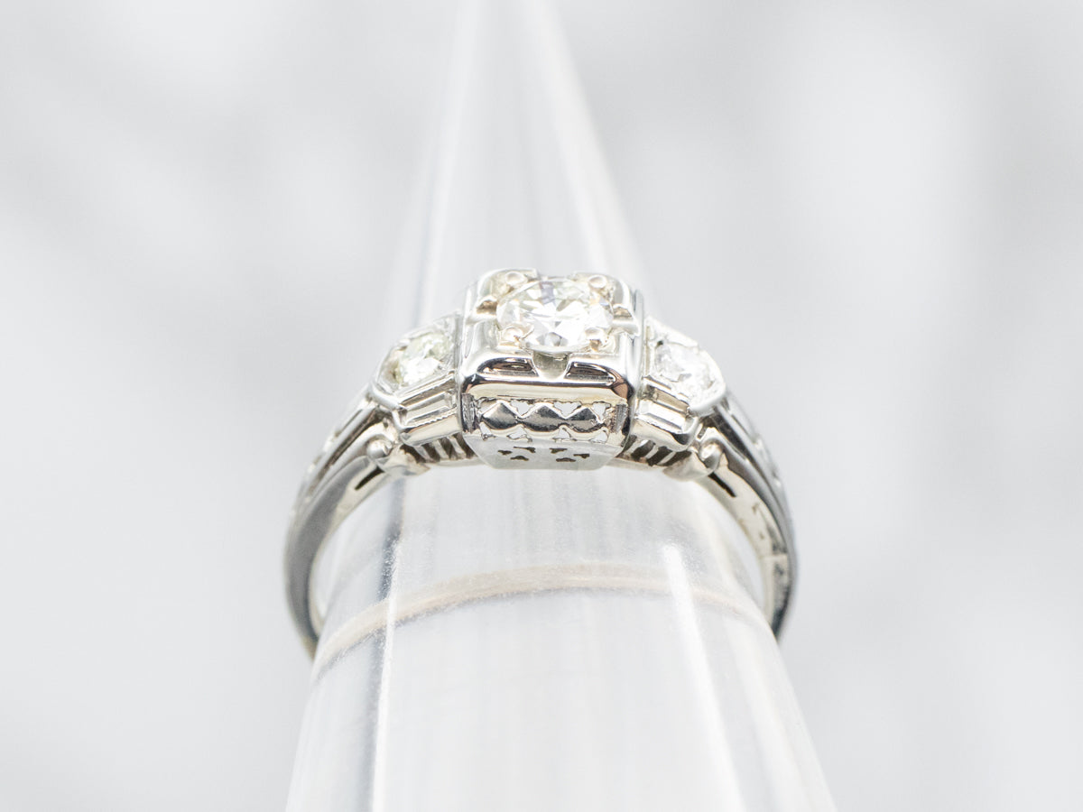 Late Deco Three Stone Diamond Engagement Ring
