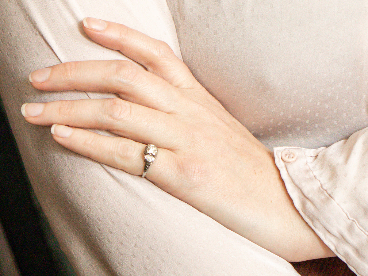 Late Deco Three Stone Diamond Engagement Ring