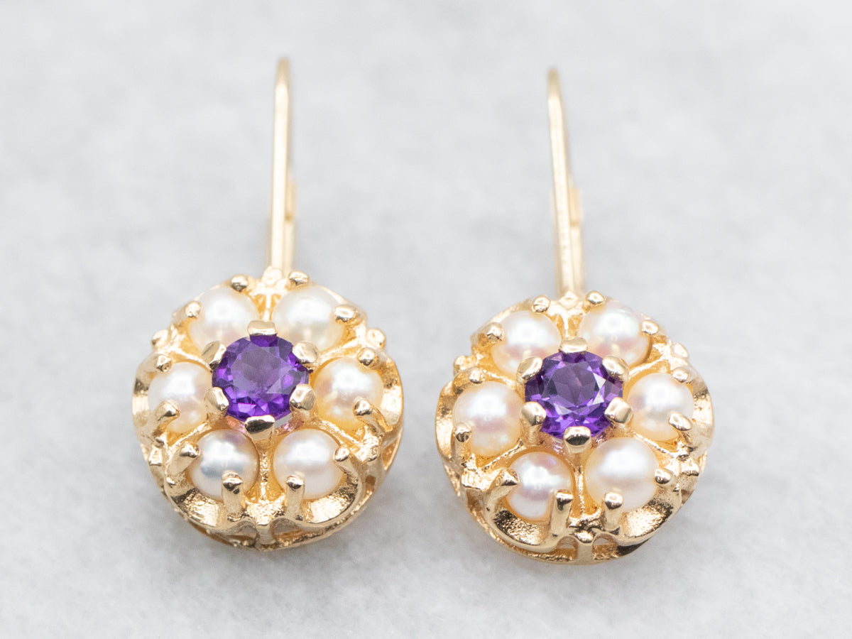 Amethyst and Seed Pearl Halo Drop Earrings