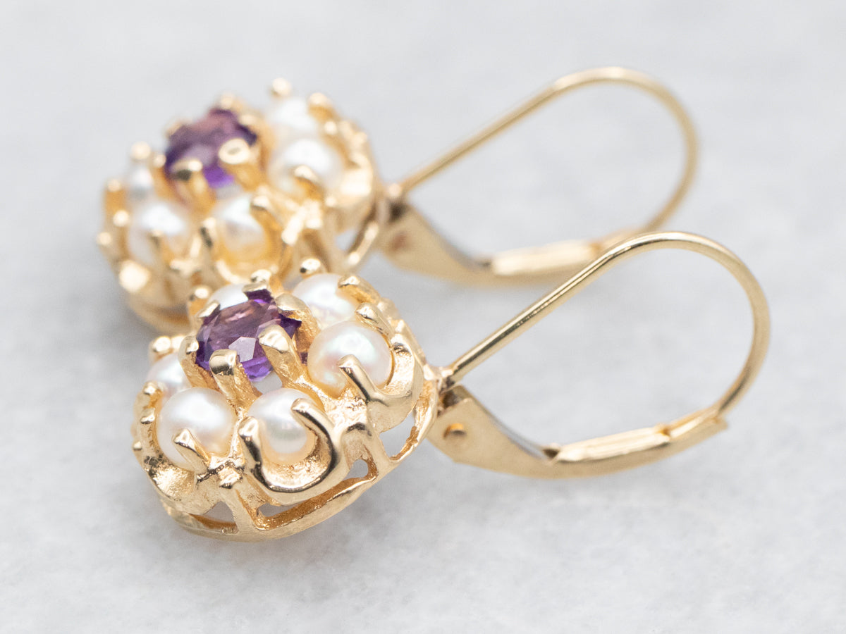 Amethyst and Seed Pearl Halo Drop Earrings