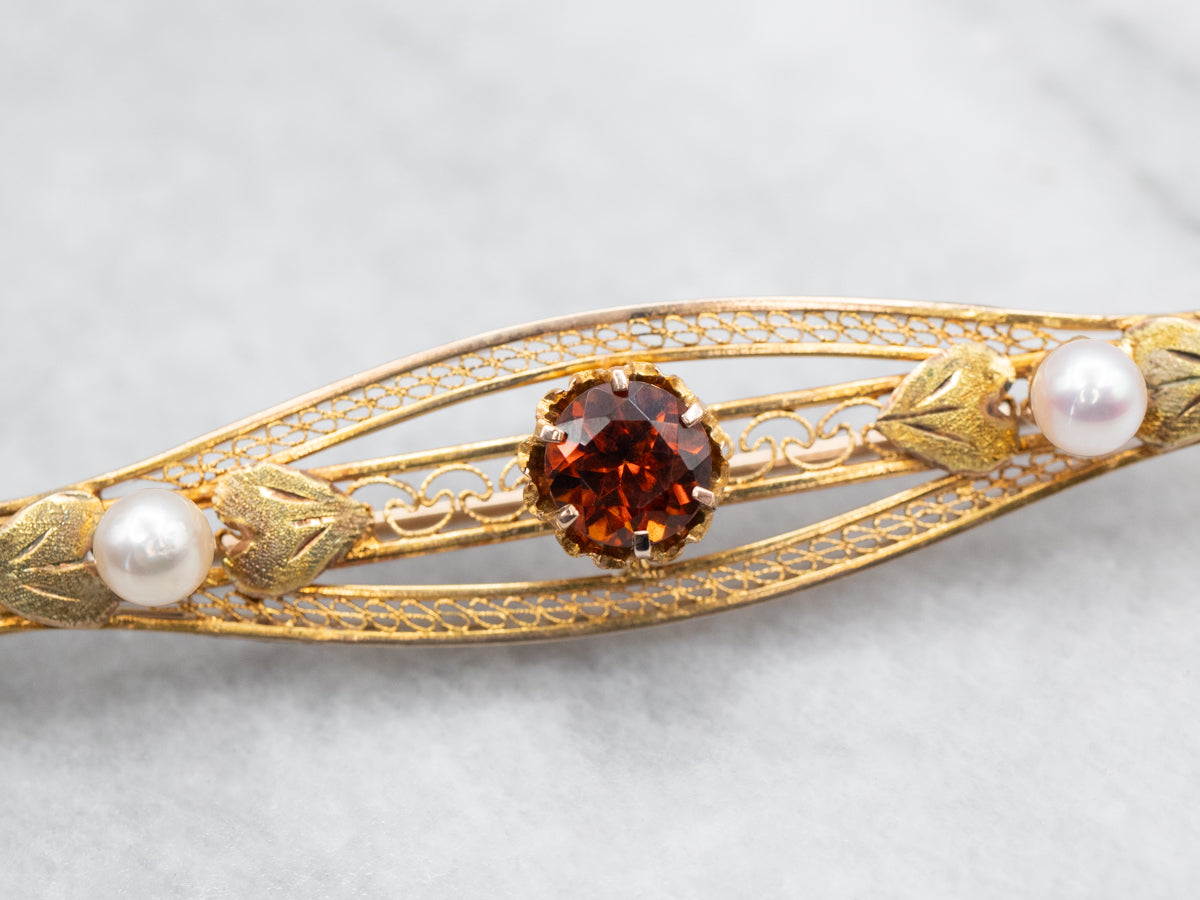 Antique Hessonite Garnet and Pearl Bar Pin