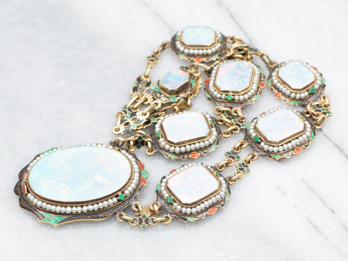 Rare Early 1900's Opal Seed Pearl and Enamel Necklace