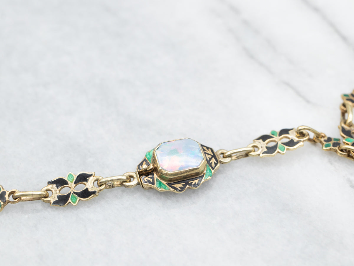 Rare Early 1900's Opal Seed Pearl and Enamel Necklace