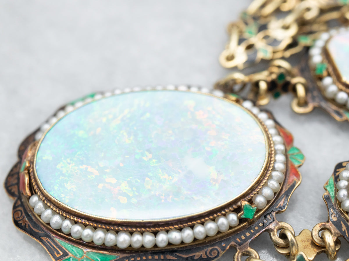 Rare Early 1900's Opal Seed Pearl and Enamel Necklace