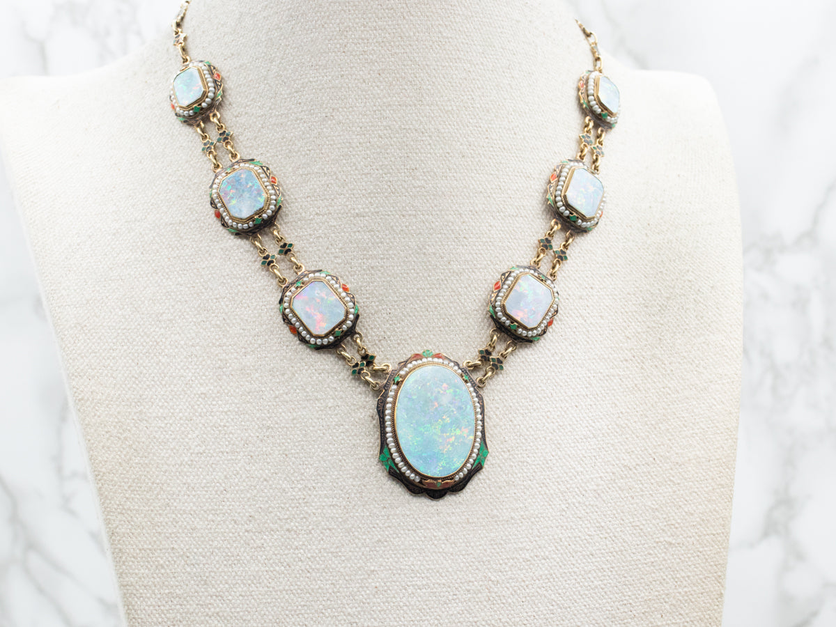 Rare Early 1900&#39;s Opal Seed Pearl and Enamel Necklace