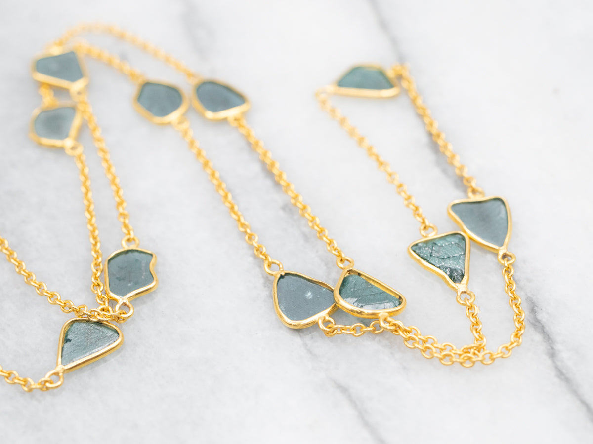 Yellow Gold Blue Diamond Slice Station Necklace