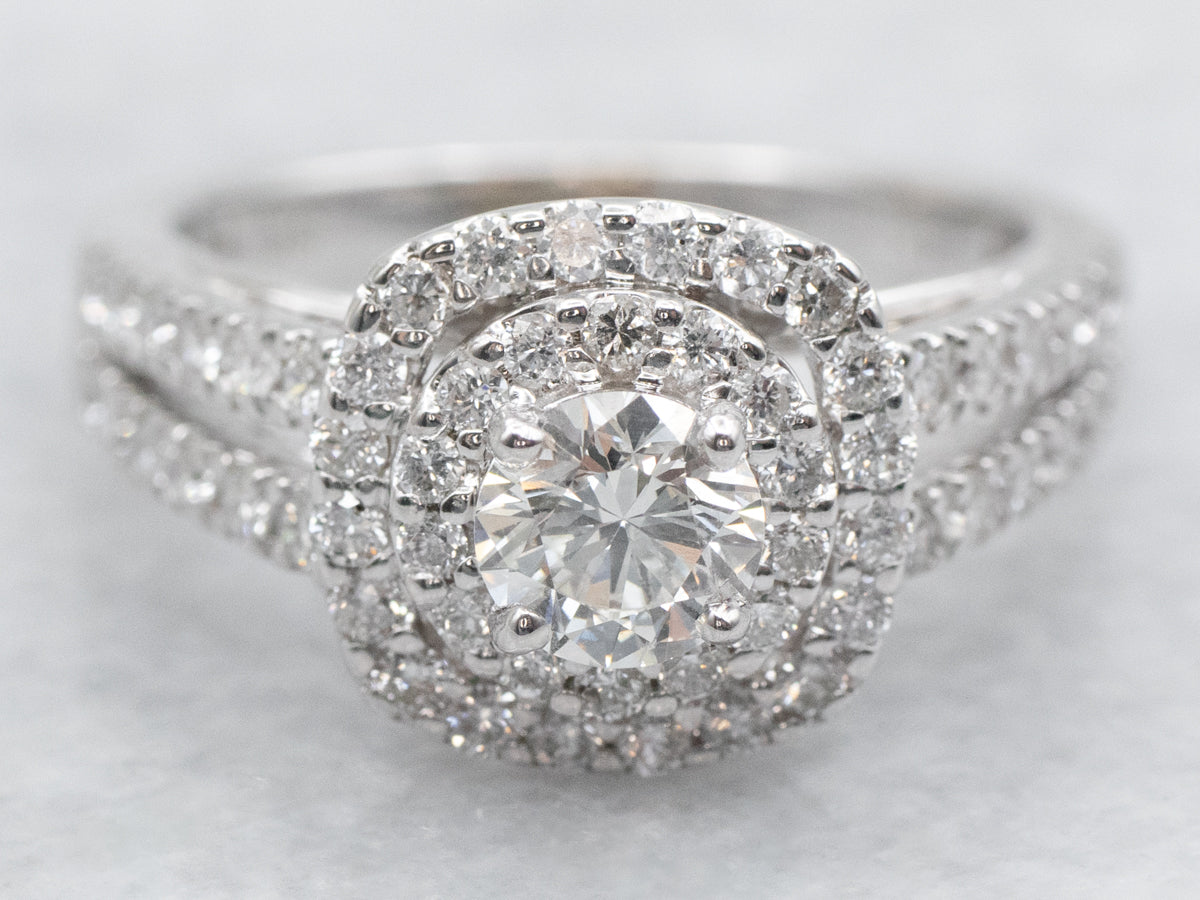 Modern GIA Diamond Double Halo Ring Engagement Ring