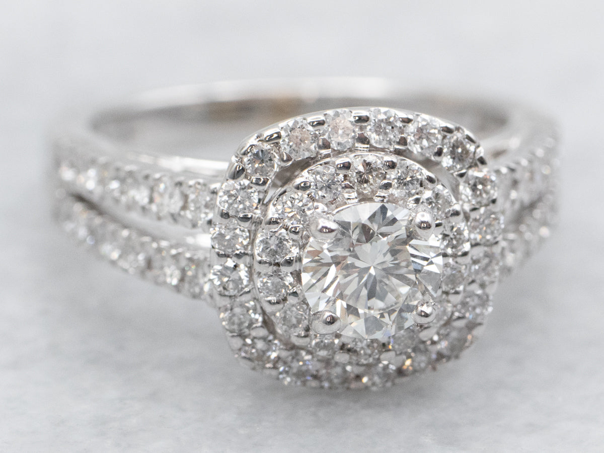 Modern GIA Diamond Double Halo Ring Engagement Ring