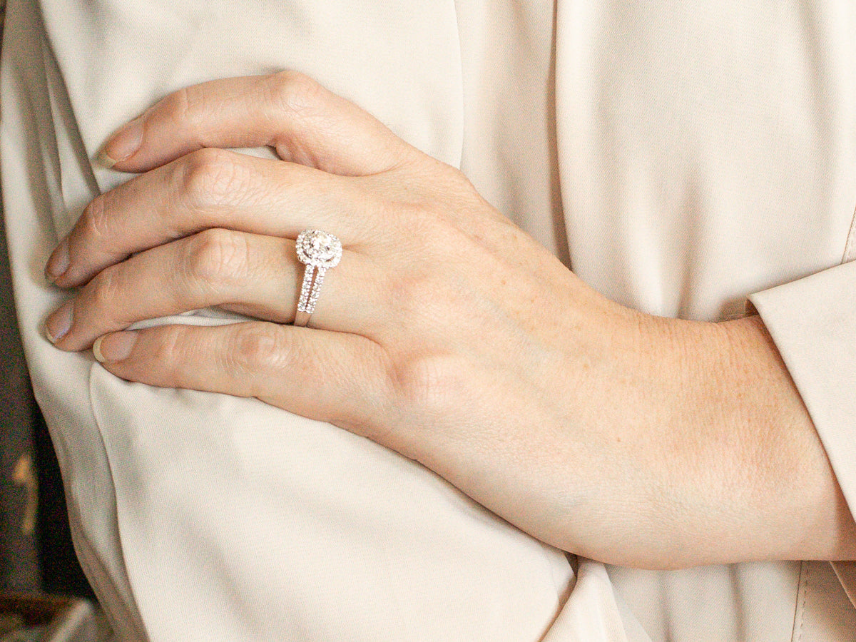 Modern GIA Diamond Double Halo Ring Engagement Ring